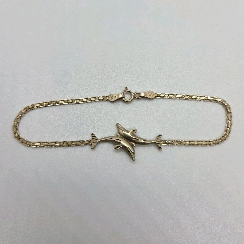 10k Yellow Gold Double Dolphin Bracelet Diamond Cut Dainty Fine Vintage Jewelry